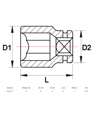 Головка торцевая ударная 1/2 DR, 14 мм, Jonnesway S03A4114 фото 2