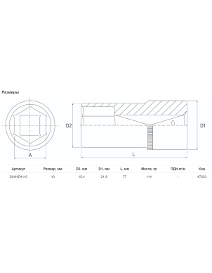 Головка торцевая глубокая 1/2 DR, 10 мм, Jonnesway S04HD4110 фото 2