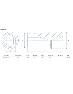 Головка торцевая глубокая 1/2 DR, 32 мм, Jonnesway S04HD4132 фото 2