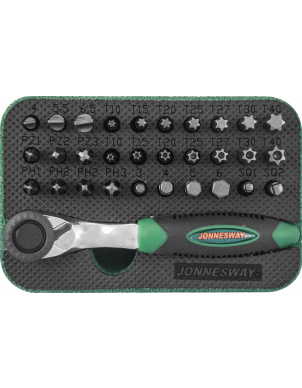 Набор бит вставок, трещотка 1/4 DR, 32 предмета, Jonnesway RD01032S фото 1