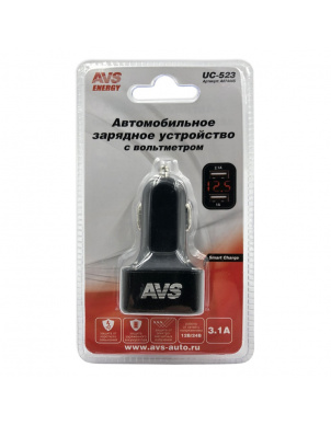 Автомобильное зарядное устройство USB 2 порта (3А) с вольтметром, AVS UC-523 (A07444S) фото 1