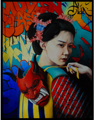 Картина «Девушка с японской маской» (80х60 см, холст, масло) фото 1